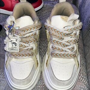 Cream and Tan Athletic Shoes with Textured Upper and Thick Sole
